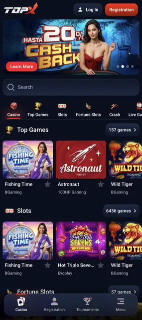 Inicio del casino con la oferta de cashback y los títulos destacados en el sitio de TopX